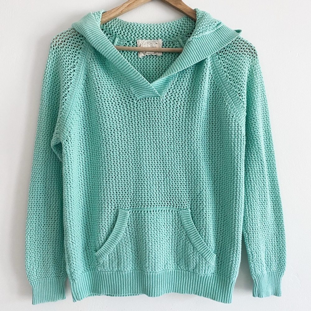 Turquoise Open-Knit Crochet Hoodie by Shirt 469, Size Medium, Linen Cotton Blend